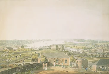 Der Eingang von Port Jackson und ein Teil der Stadt Sydney in New South Wales, linker Abschnitt der Panoramasicht, ca. 1821